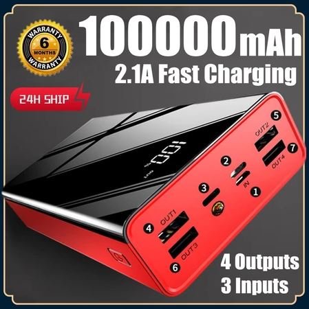 100% Original Powerbank 100000mAh Capacity Display Fast Charge LED Light 2 Input 4 Output Portable