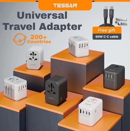 TESSAN Universal Travel Adapter with USB-C, Wall Plug Converter for HK, Singapore, Malaysia, Ireland